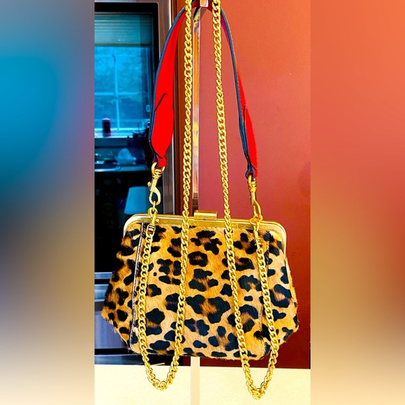BANANA REPUBLIC Calf Hair Leather Leopard Print Frame Boy Chain Crossbody, EUC - Picture 1 of 13